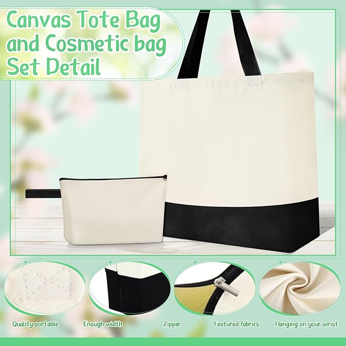 Sanwuta 24 Pcs Canvas Tote Bags Bulk with Zipper Cosmetic Bags 18.5" Cotton Canvas Bag with Handles Reusable Shopping Bags
