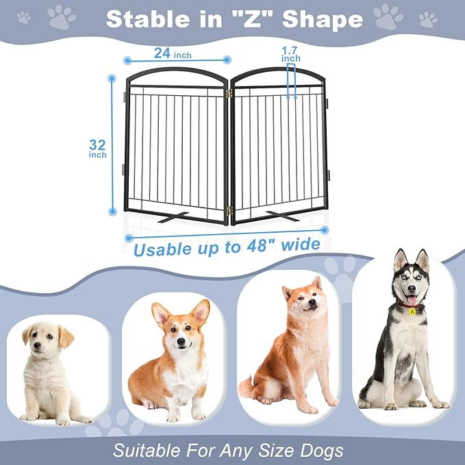 Full Metal Free Standing Dog Gate with Door for Indoor Outdoor, 48'' Extra Wide 32'' Tall Dog Gate for Doorways,Large Openings,Decks,Pet Puppy Freestanding Safety Fence(2 Panels,Black)