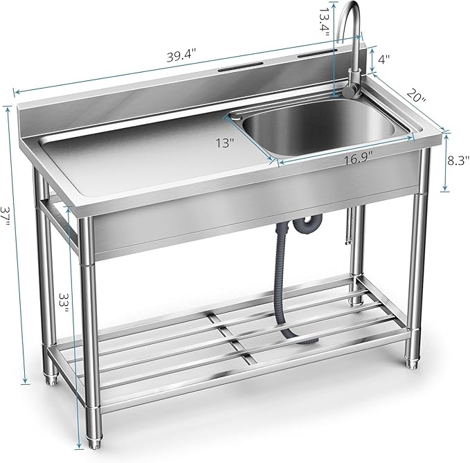 Stainless Steel Sink, Free Standing Kitchen Sink with Countertop Workstation, Utility Sink Single Bowl with Cold and Hot Water Pipe for Kitch Laundry Room Garage Farmhouse Indoor Outdoor (39 Inch)