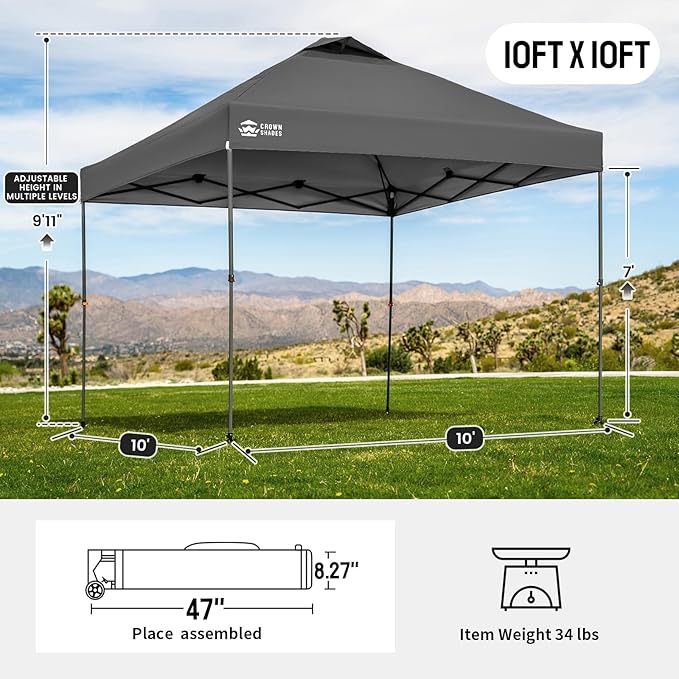 CROWN SHADES Adjustable Height on The Fly, 10x10 Pop Up Canopy - Beach Tent with One Push Setup - Easy Outdoor Sun Shade for Events, Parties, Camping - Outside Shade with STO-N-Go Bag, Grey
