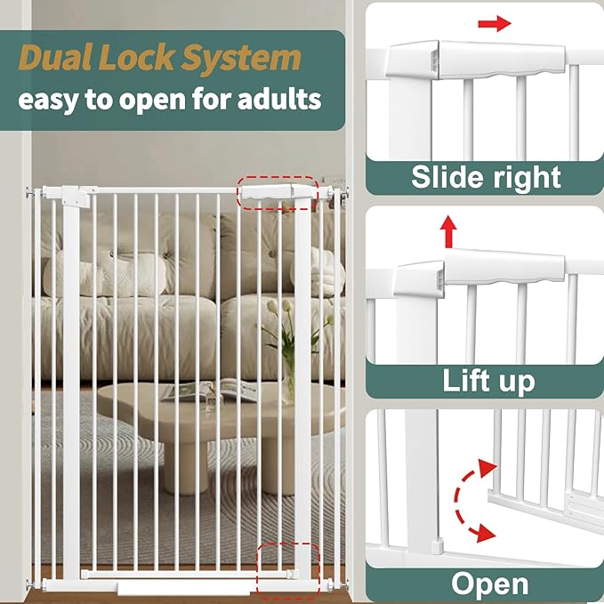 40.55" Tall 1.37" Ultra Narrow Spacing Dogs Pets Baby Gate for Doorway Hallway Safety Proof Indoor 34.05-45.86" Extra Wide Puppy Pressure Mounted No Drill Walk Through White Metal
