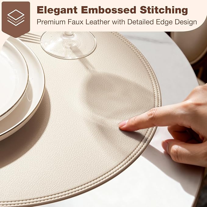 Round Vinyl Beige Placemats Set of 6, Faux Leather Waterproof Wipeable Heat Resistant Place Mats, Washable Table Mats for Halloween, Thanksgiving & Christmas Dinner (Beige)