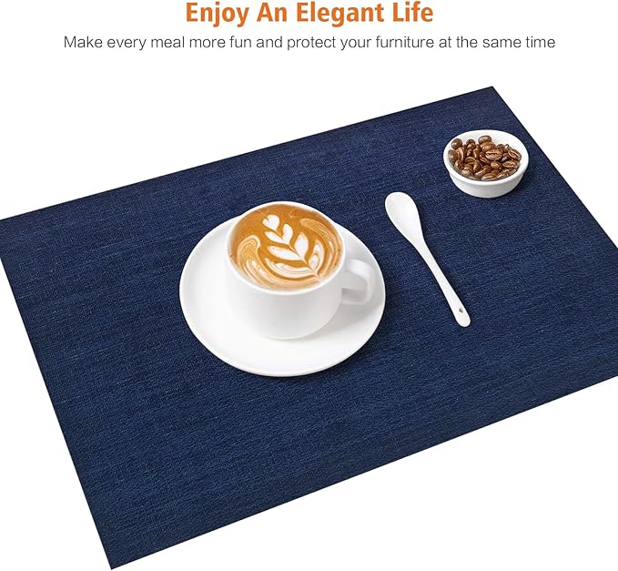 Placemats Set of 6,Washable,Heat and Stain Resistant Indoor/Outdoor Place mats,Vinyl Woven Non Slip Table Mats for Restaurant Table Protection,PVC Placemats(Navy Blue,6PCS)