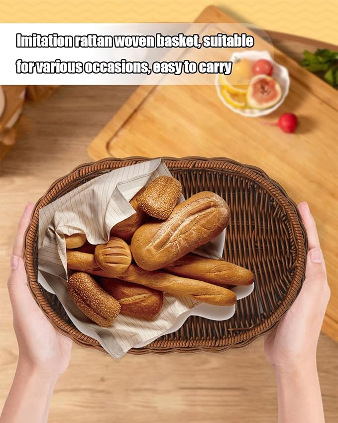 Woven Bread Basket, 3 Pack Wicker Fruit Baskets Rattan Bread Basket Poly Wicker Bread Baskets With Handles For Food Serving, Display, Vegetables, Home Kitchen, Restaurant, Outdoor (Oval set)