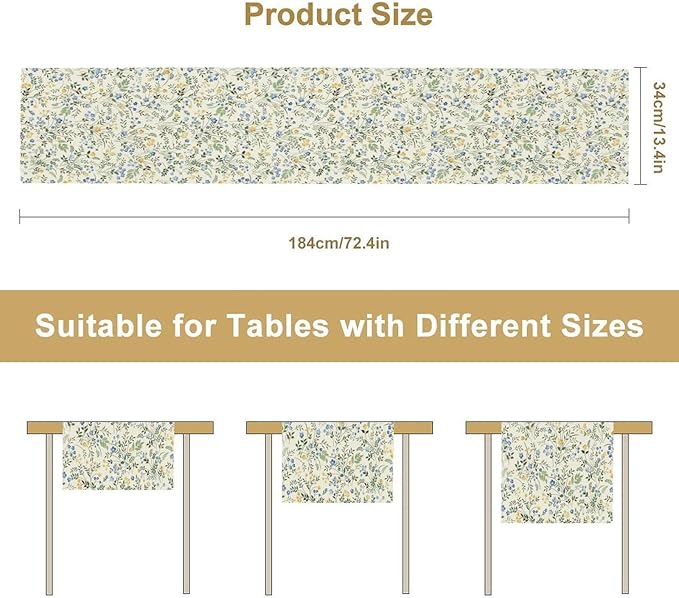 Rustic Flower Table Runner, Spring Sage Green Eucalyptus Leaves Watercolor Floral Flower Plant Leaves Print Table Cover for Dinning Holiday Home Picnic Party Decor, 13x60inch