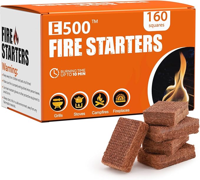 E500 Fire Starter for Campfires, Fireplace, Fire Pits, BBQ, Grills, Larger Charcoal Fire Starter Squares, 160-Count Firestarter, Chimney Charcoal Starter for Grill