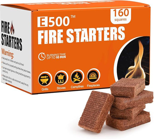 E500 Fire Starter for Campfires, Fireplace, Fire Pits, BBQ, Grills, Larger Charcoal Fire Starter Squares, 160-Count Firestarter, Chimney Charcoal Starter for Grill