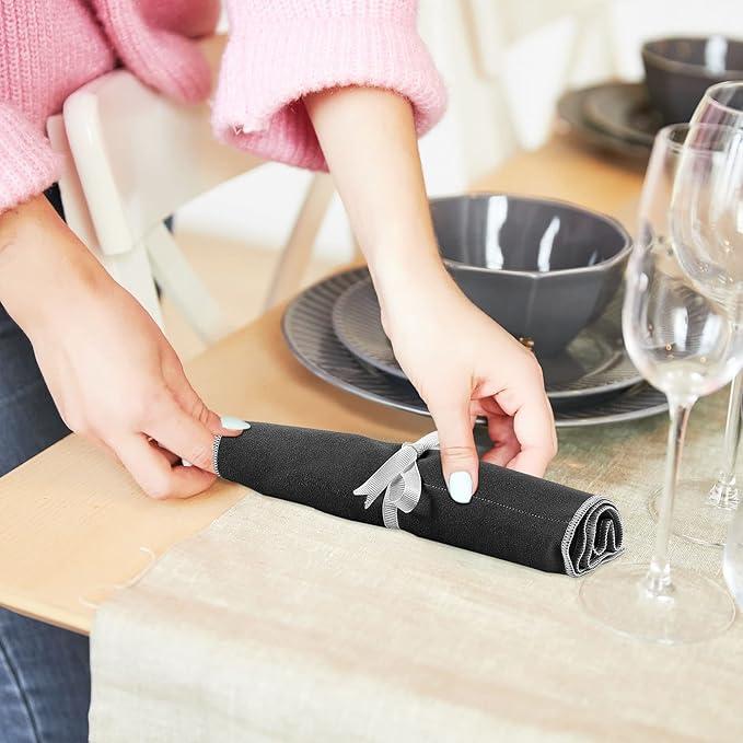 Hillban 18 Pcs Anti Tarnish Silver Storage Bags Silver Storage Cloth Felt Flatware Organizer Anti Tarnish Protector Bags Place Setting Roll with White Ribbon for Kitchen Cutlery (12 Slots,Black)