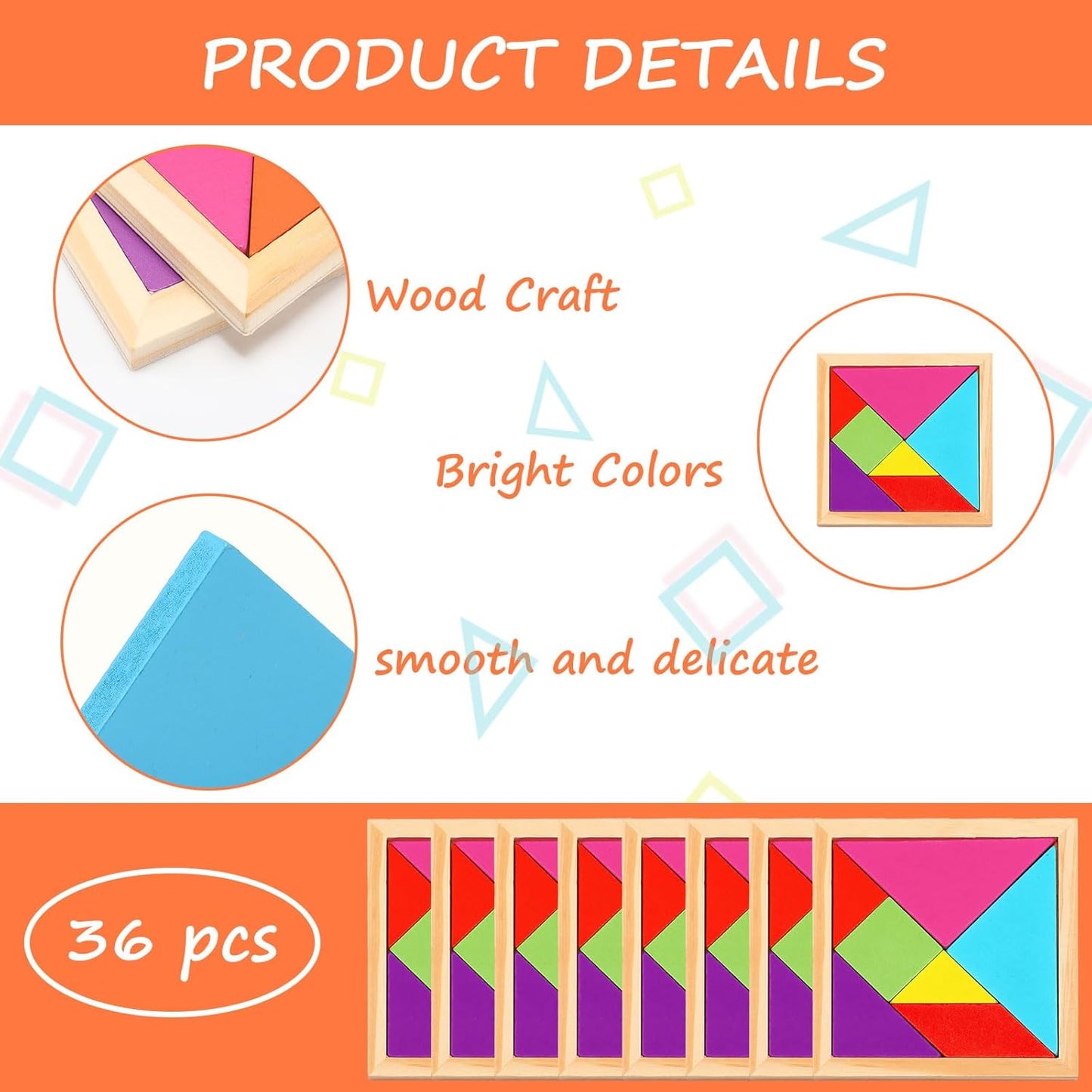 Shappy 36 Pieces Wooden Tangram Puzzles for Kids Educational Shape Puzzle Toys Geometric Pattern Brain Logic Puzzle Blocks for Students Educational Activities Back to School Gifts(Classic Style)