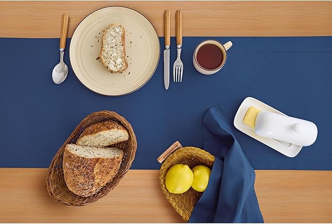 Solino Home Cotton Linen Table Runner 48 Inches - Lapis Blue Hemstitch Table Runner 14 x 48 Inch Ideal for Dresser and Coffee Tables - Winter