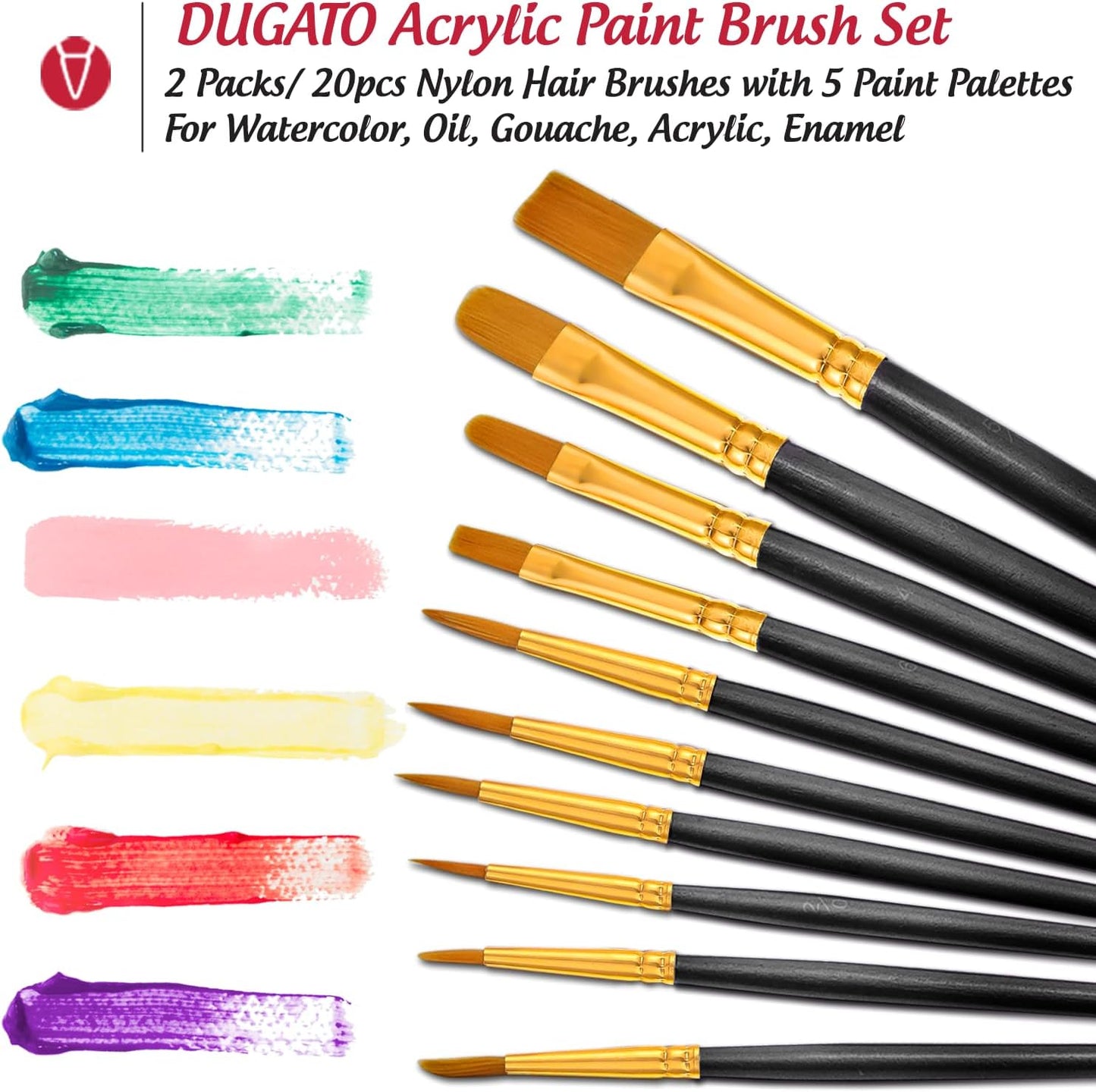 Halloween Paint Brushes Palettes Set by DUGATO, 2 Packs/20pcs Round Pointed Tip Nylon Hair Brushes with 5 Paint Trays for Acrylic Watercolor Oil Gouache Tempera and Body Painting (Black)