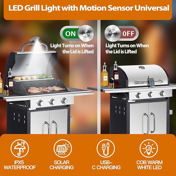 Grill Light for Outdoor Grill,Solar Rechargeable 400Lumens&360° Rotation BBQ Light with Auto On/Off, LED Grill Lights for BBQ Smokers with Hood Grill Accessories,Grill Gifts for Parents/Husbands