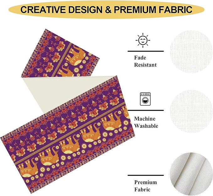 African Tribal Table Runner, Rustic Elephants Floral African Indian Diwali Art Print Purple Coffee Table Center Decor for Home Kitchen Holiday Party Farmhouse Outdoor Table Decorations, 13"x36"