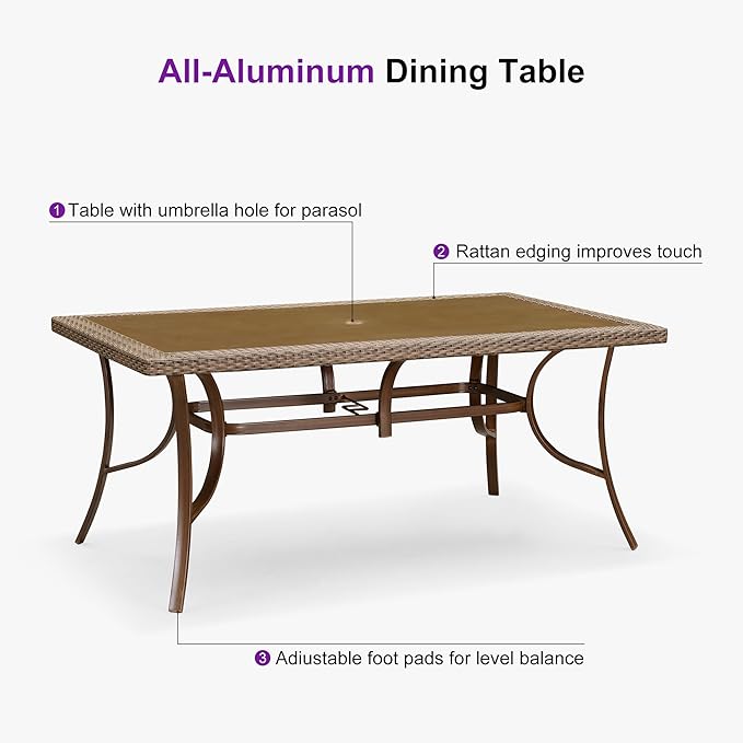 PURPLE LEAF Outdoor Dining Set for 6 All Weather Wicker Patio Dining Set with Hand-Woven Rattan Swivel Dining Chais and Rectangular Aluminum Table for Garden Deck Backyard Kitchen