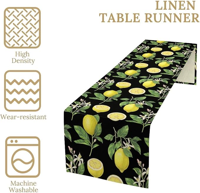 Watercolor Lemon Table Runner, Spring Summer Seasonal Green Leaves Flowers Yellow Fruits Print Table Runner for Farmhouse Kitchen Dining Table Home Party Indoor Decor 13x120in