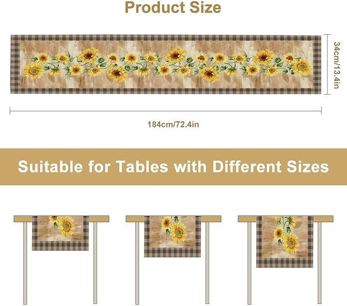 Yellow Sunflower Table Runner, Spring Sunflower Seasonal Country Fall Retro Plant Table Runners for Kitchen Farmhouse Dining Coffee Party 13x90in