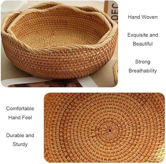 RT&BS Rattan Bread Baskets for Serving, Christmas Food Baskets, Handwoven Fruit Basket for Kitchen, Store, Restaurant, Outdoor, Party (M, Ø9.8 * 2.8'')