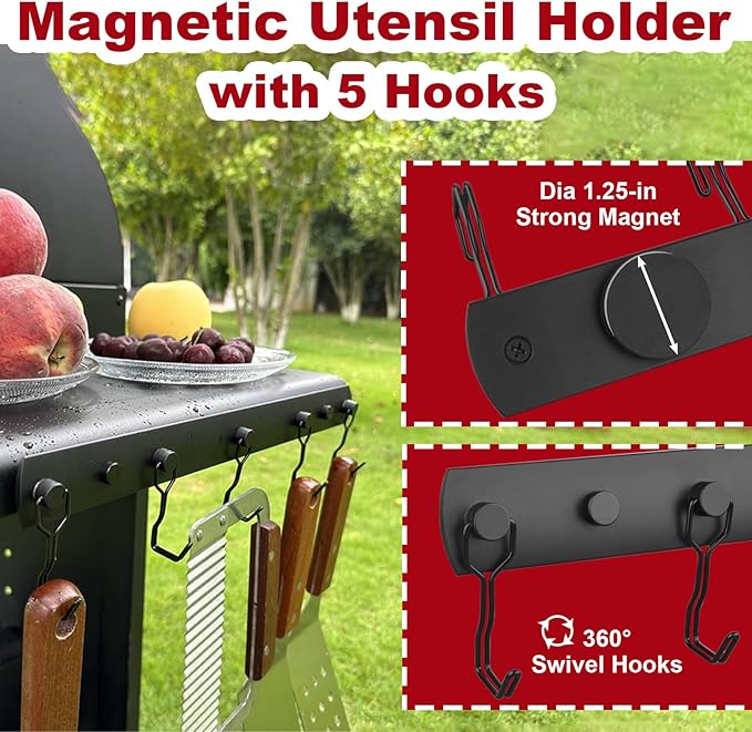 Magnetic Grill Hooks, Heavy Duty Magnetic Utensil Rack with 5 Hooks, Strong Magnet BBQ Tool Rack, Grill Storage Accessories for Refrigerator Traeger Blackstone Pit Boss Camp Chef Z Grills Smoker