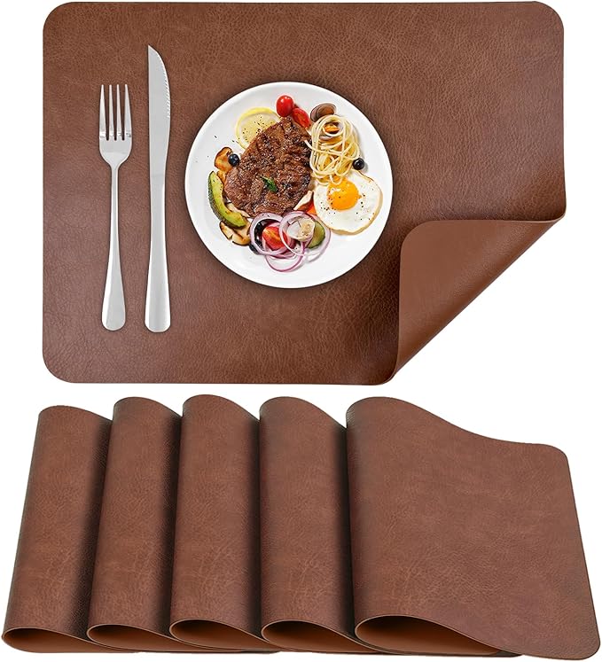 PU Leather Placemats Set of 6 Table Mats Heat Resistant Kitchen Place Mats, Waterproof Wipeable Dining Table Placemats for Home Party Outdoor, 15.8 x 11.8 inches (Brown)