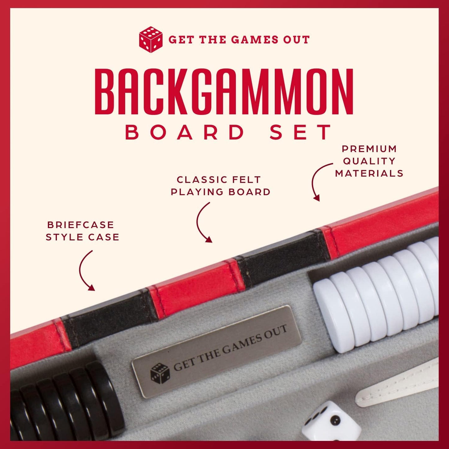 Get The Games Out Backgammon Set, Classic Board Game Case, 2 Players, Includes Strategy & Tip Guide, Perfect for Parties and Family Game Nights - Small, Red