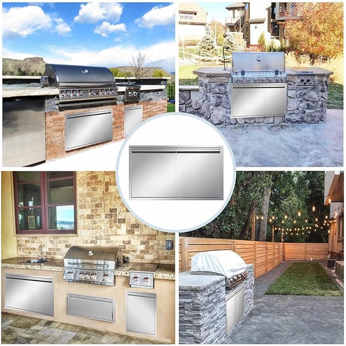 Outdoor Kitchen Door 36" W x 21" H inch Stainless Steel BBQ Double Doors Flush Mount for Outdoor Kitchen Island（Double Wall Door Panel ）