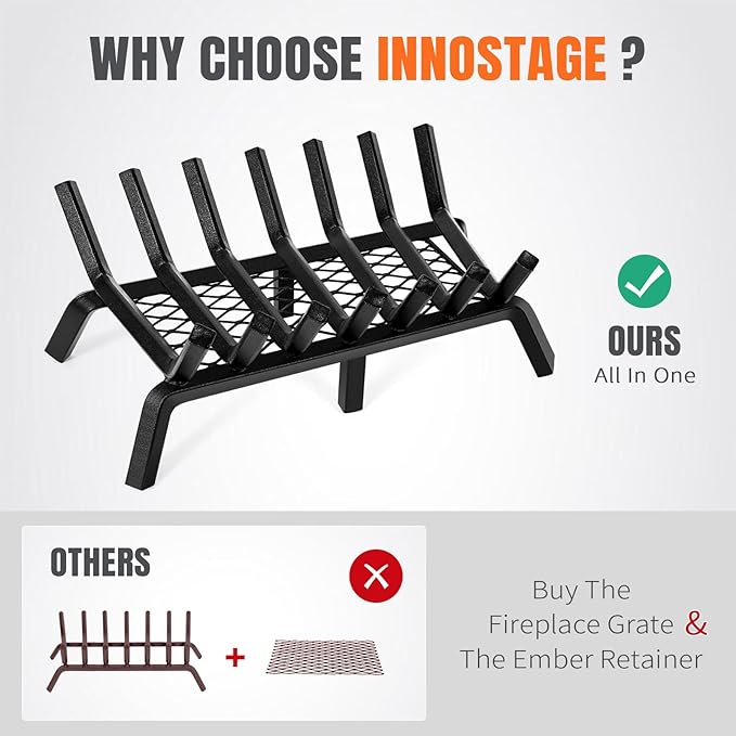 INNO STAGE Fireplace Grates with Ember Retainer - 24 Inch Fireplace Log Grate, Wood Stove Grate, Firewood Wood Log Holder Rack,Inside Wrought Cast Iron Fire Grate for Hearth Indoor Outdoor Camping