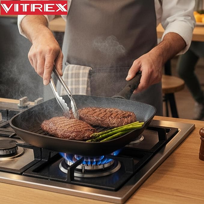 VITREX Nature 11-Inch Forged Aluminum Grill Pan with Nonstick Coating, Compatible with All Stovetops, Dishwasher Safe