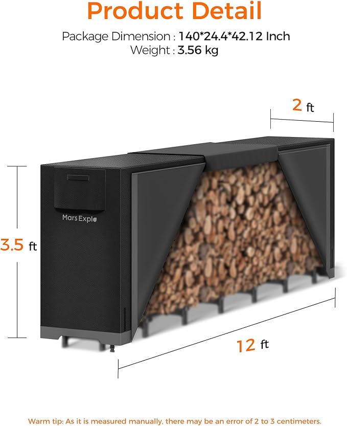 12ft Firewood Log Rack with Cover Outdoor, Heavy Duty Indoor Outdoor Firewood Storage Log Rack with Cover Combo Set Black
