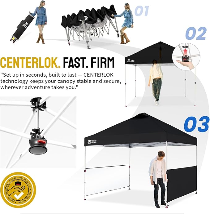 CROWN SHADES 10x10 Pop up Canopy Tent Instant Canopy with 150D Silver Coated Fabric Including 2 Half Sidewalls, 4 Ropes, 8 Stakes, 4 Weight Bags, STO 'N Go Bag, Black