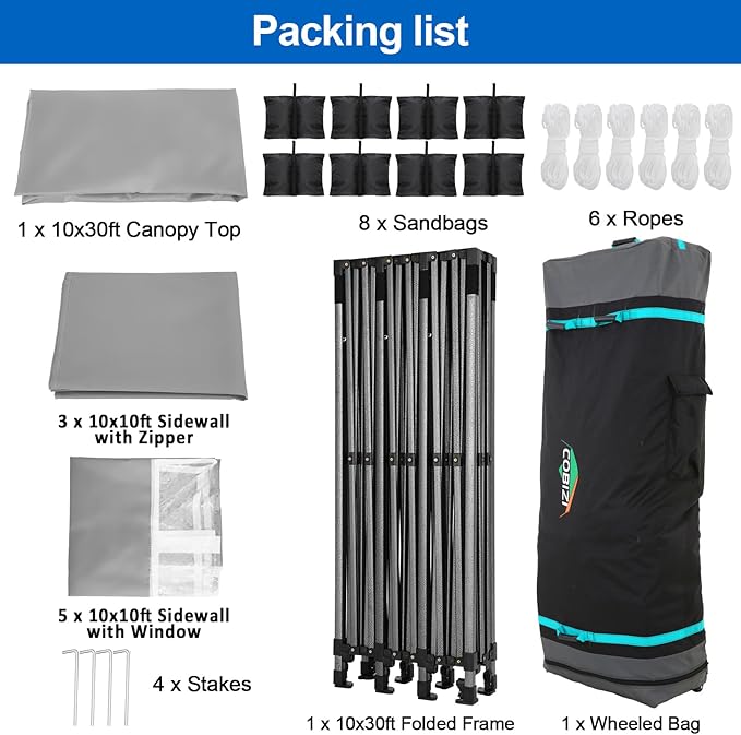 COBIZI 10x30 Pop up Canopy Tent 10x30 Canopy with 8 Sidewalls Waterproof Heavy Duty Commercial Canopy Tent for Parties Outdoor Garden Gazebo, Carry Bag with Wheel(10x30ft, Gray)