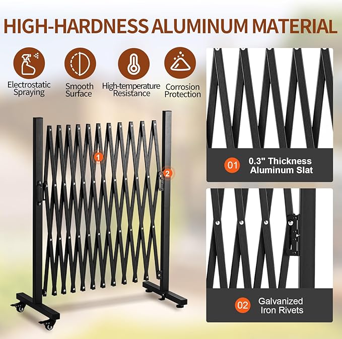 TECSPACE Aluminum Expandable Garden Fence, Portable Barricade Gate with Casters, Expansion Size 126×15.2×40.6 inches, Adjustable Retractable Fence Mobile Barricade Safety Barrier
