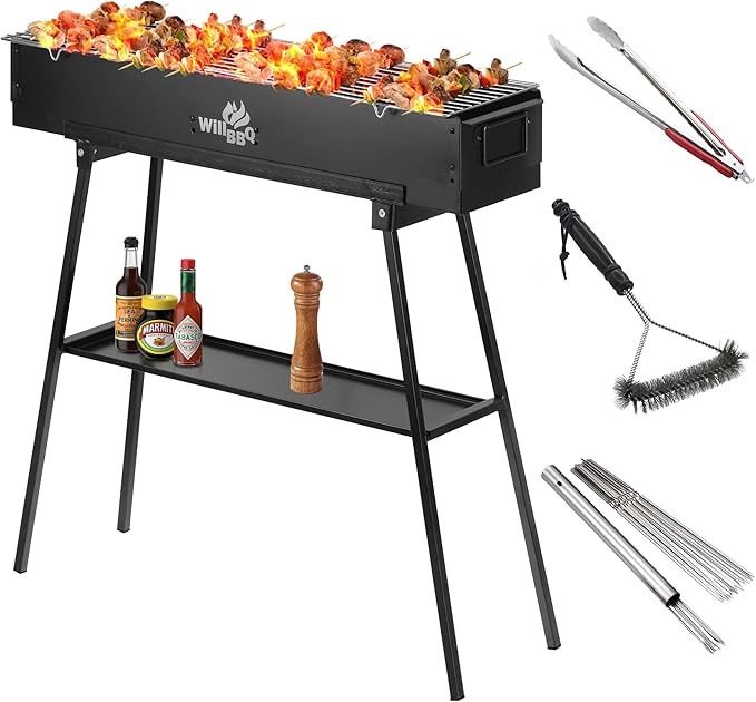 WILLBBQ Charcoal Grills Commercial Quality Portable Hibachi BBQ Barbecue Grill for Backyard Outdoor Cooking Use，Perfect Christmas Gifts for Dad (31.6x7.1x5.1 inch With Accessories), BLACK