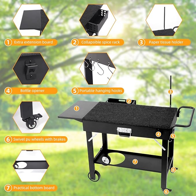 Foldable Grill Cart for Blackstone Griddle, Portable Outdoor Griddle Stand for 17" & 22" Blackstone, Ninja Woodfire & Pizza Oven, Mobile BBQ Prep Table with Side Shelf & Storage