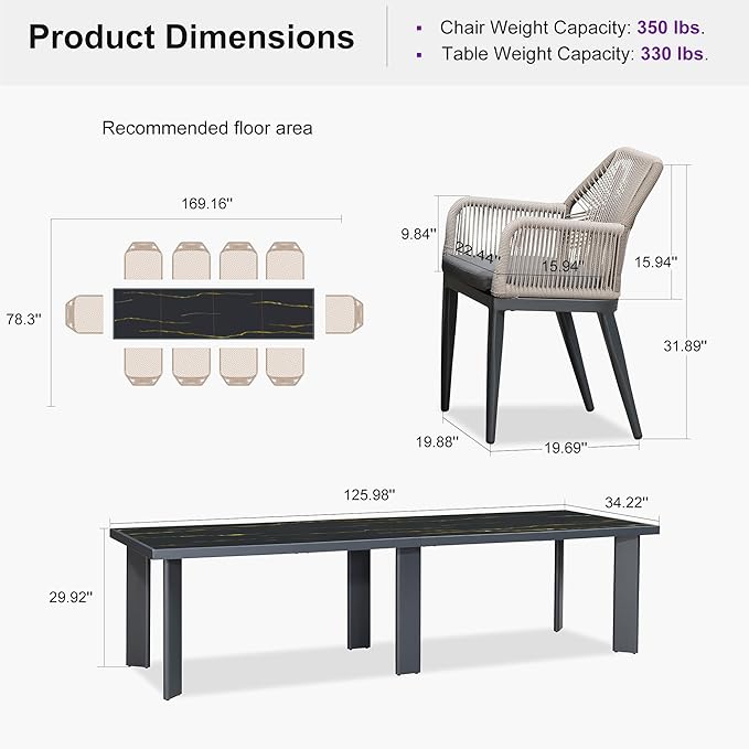 PURPLE LEAF 11 Pieces Patio Dining Set Aluminum Modern Rectangular Table and Rattan Arm Chairs with Cushions for Kitchen Porch Garden Outdoor Furniture Sets, Dark Grey
