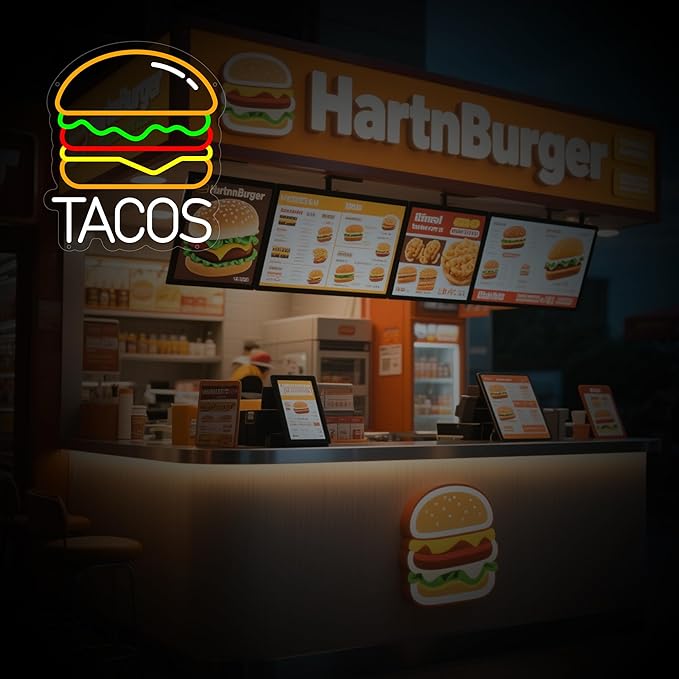 Tacos Neon Sign for Wall Decor, Hamburger Led Signs, Dimmable Neon Light Sign for Restaurant, Snacks, Living Room, Bar Decoration, USB Powered Light Up Signs for Kitchen