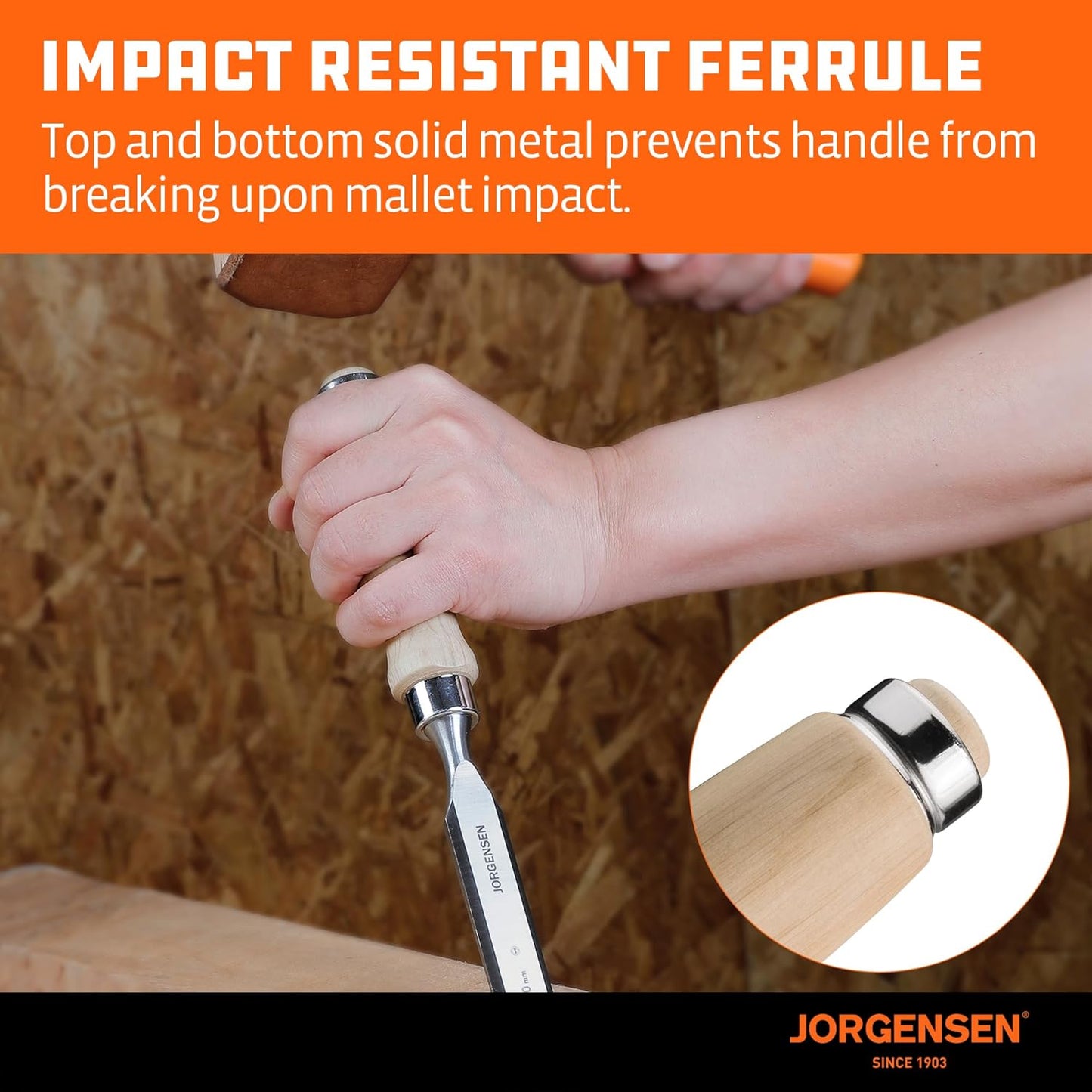 Jorgensen 4-Piece Wood Chisel Set, Chromium Alloy Steel Beveled Edge Wood Chisels, Wood Chisels for Woodworking, Ergonomic Hardwood Handle with Metal Ferrule, 1/4", 1/2", 3/4", 1"