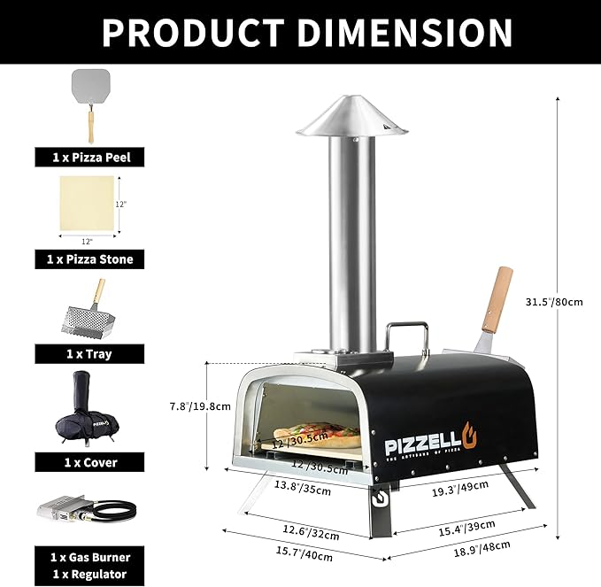 PIZZELLO 12" Outdoor Pizza Oven Propane and Wood Fired Pizza Maker Multi-Fuel Pizza Ovens with Gas Burner, Wood Tray, Stone, Pizza Peel, Cover, Forte Gas (Black)