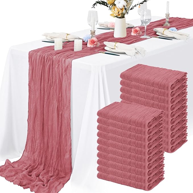 20 Packs Cheesecloth Table Runner 10FT Long Boho Gauze Fabric Table Runner Vintage Rustic Sheer Runners for Wedding Party Bridal Baby Shower Table Decorations (Dusty Rose )