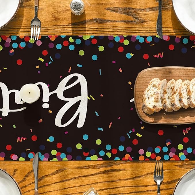 Artoid Mode Polka Dot Black Happy Birthday Table Runner, Seasonal Kitchen Dining Table Decoration for Home Party Decor 13x72 Inch