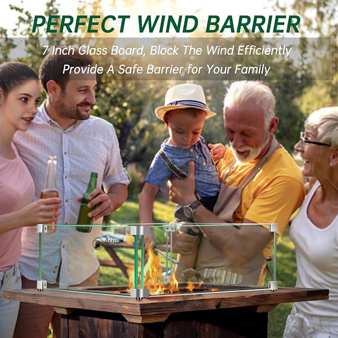 Fire Pit Wind Guard: 17.5" x 17.5" x 7" Square Fire Pit Glass Wind Guard for Outdoor Propane/Natural Gas Fire Pit Table, Thick Tempered Glass and Hard Aluminum Corner Bracket, Easy Assembly