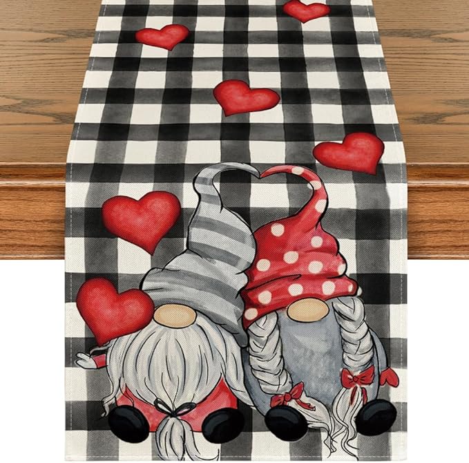 Artoid Mode Watercolor Buffalo Plaid Hearts Gnomes Love Valentine's Table Runner, Seasonal Anniversary Wedding HoliKitchen Dining Table Decoration for Indoor Outdoor Home Decor 13 x 48 Inch