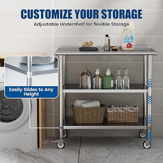 Stainless Steel Work Table with Wheels, 24x48 Inch NSF Food Prep Table with Backsplash & 2 Adjustable Undershelves for Commercial Kitchen, Restaurant, Garage