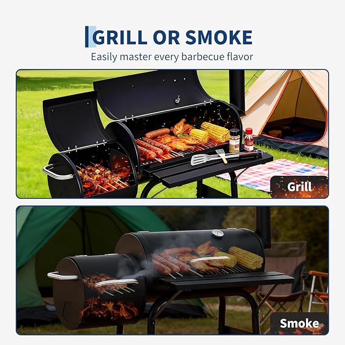 Garvee Charcoal Grills with Offset Smoker, Outdoor BBQ Grill with Handle and Wheels, Barrel Barbecure Smoker Grill Combo for Camping Picnic Patio Backyard Party
