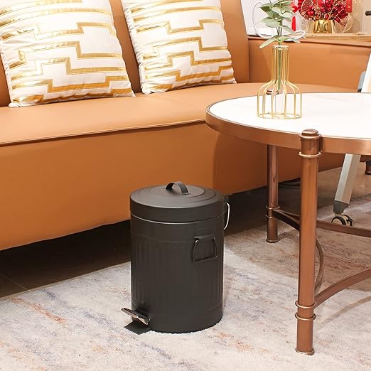 SIMPLEMADE Round Step Trash Can, Stainless Steel with Lid, Small Metal Wastebasket/Garbage Can for Bathroom, Office, Black, 5 Liter / 1.3 Gallon -