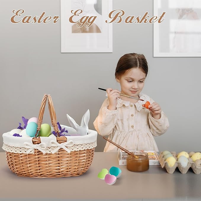 G GOOD GAIN Oval Picnic Basket with Folding Handles, Willow Hand Woven Shopping Basket, Bath Storage Gift Packing Basket, Wicker Empty Easter Eggs and Candy Small Gift Basket.Cream