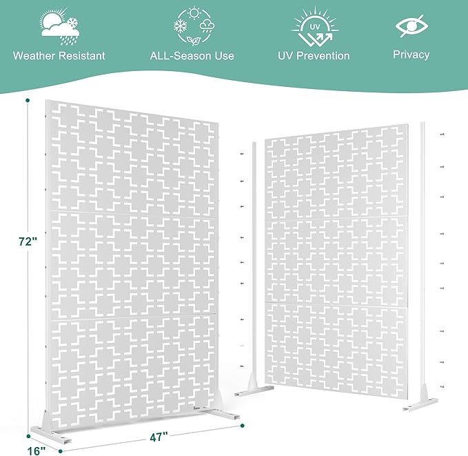 Metal Privacy Screen for Outdoor & Indoor Use, Free Standing Privacy Screen for Patio Garden Pool, 72" H x 47" W Decoative Privacy Panels, Weather Resistant, Easy Assembly (White Square)