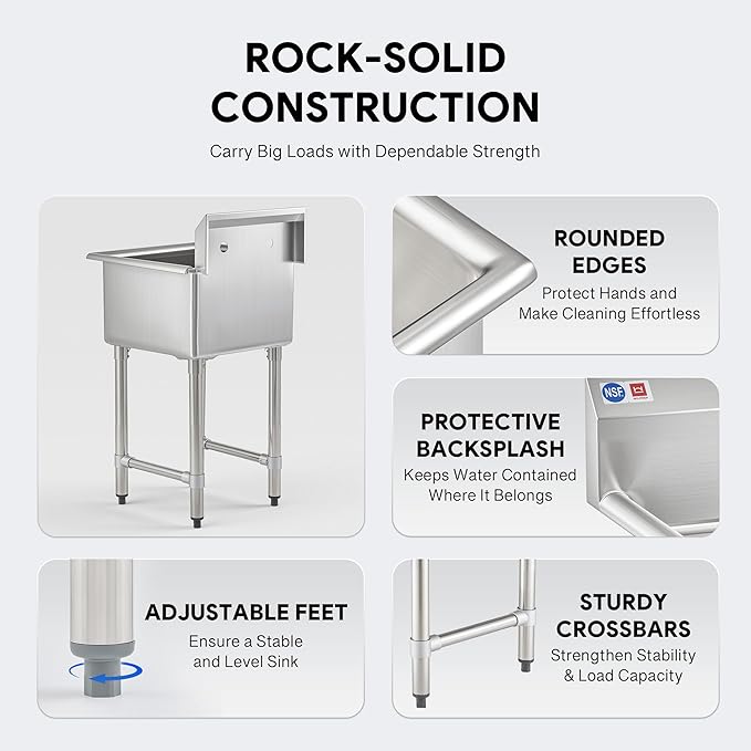 WILPREP 1-Compartment Sink, 18x18x12 in. Kitchen Sink with Strainer X-Shaped Guides Backsplash, Freestanding Single Bowl Utility Sink, Work Station Sink for Garage Kitchen Laundry Room Pet Salon