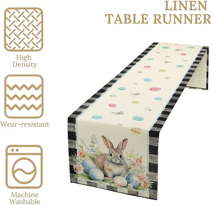 Easter Table Runner,Vinatge Black Plaid Rabbit Easter Eggs Butterflies Floral Spring Table Center Decor for Family Kitchen and Living Room Outdoor Farmhouse Party Table Decorations, 13"x36"