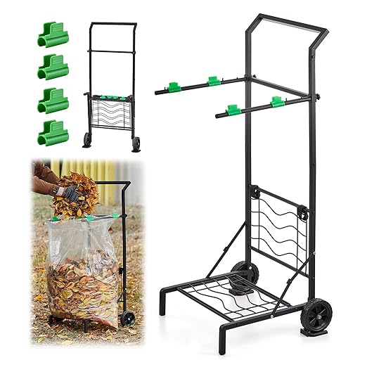Foldable Leaf Bag Holder, Mobile Trash Bag Holder Stand with Removable Arms and Dual Fixing Design, Adjustable 30-45 Gallon Portable Lawn Bag Cart for Yard Cleanup, Gardening, Leaves, Camping, Parties
