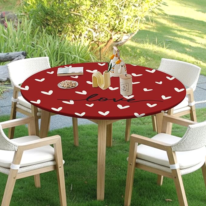 Valentines Day Round Fitted Tablecloth with Elastic Red White Love Heart Circle Table Cloth for 40-44" Round Tables Stretch Waterproof Washable Valentine Table Cover for Picnic Dining Party Decor